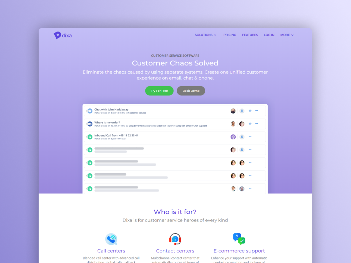 Landing page design proposal for Dixa preview